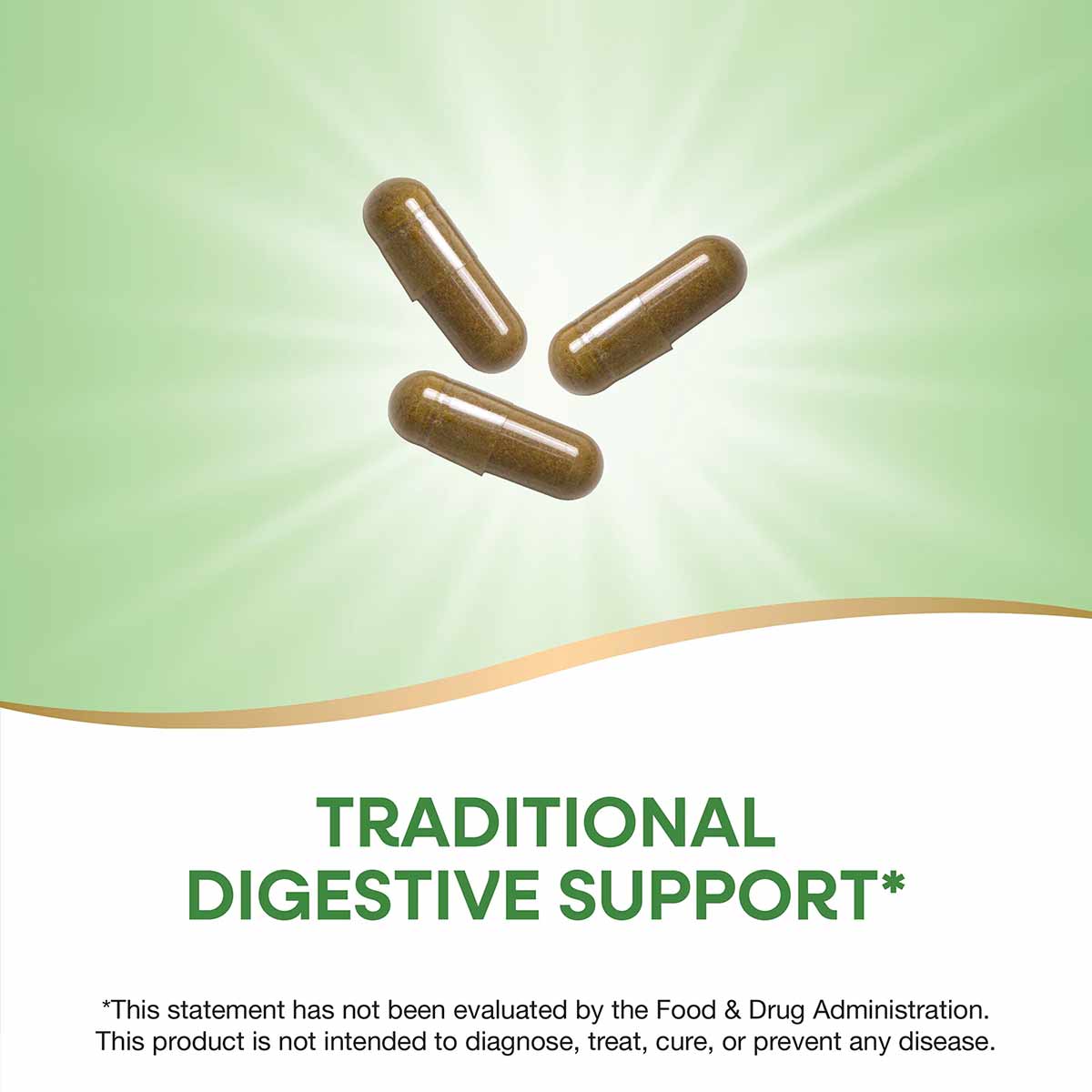 Three brown capsules on a green and white background with text stating "Traditional Digestive Support."