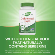 White bottle with green cap labeled "Goldenseal Root" by Nature's Way, containing 100 vegan capsules at 1,000 mg per serving.