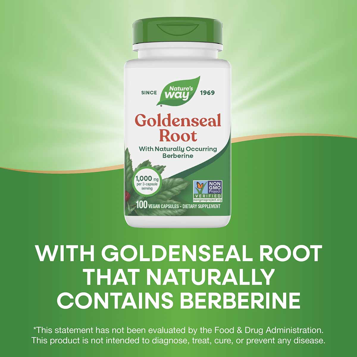 White bottle with green cap labeled "Goldenseal Root" by Nature's Way, containing 100 vegan capsules at 1,000 mg per serving.