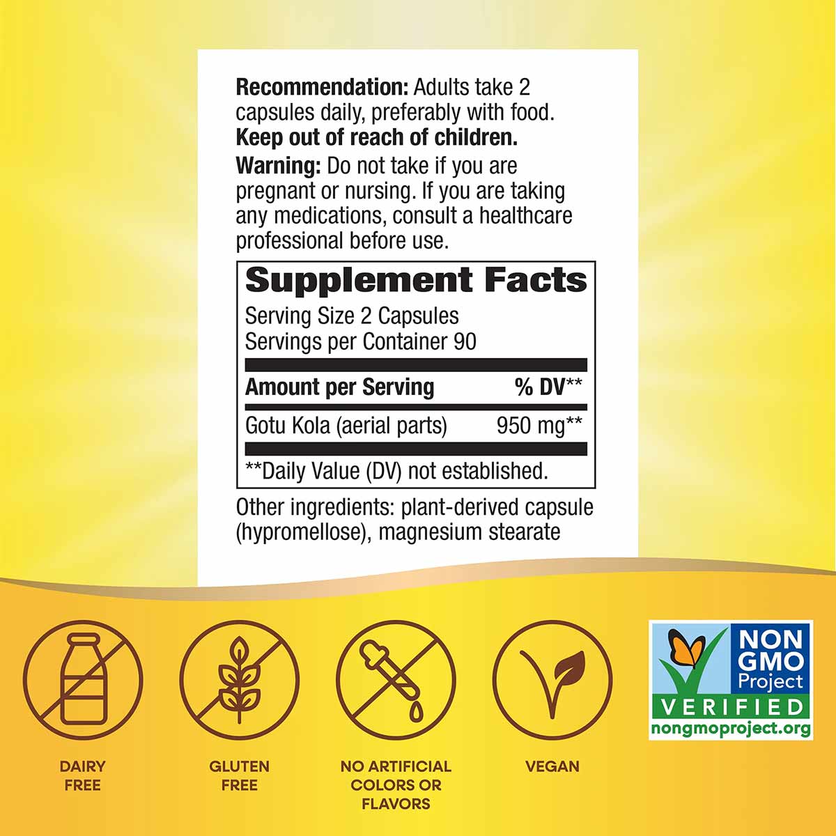 White supplement label on yellow background showing Gotu Kola dosage, warnings, and ingredient information with dietary certi