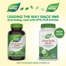 Two bottles of Nature's Way Gotu Kola Herb dietary supplement with green caps, 180 vegan capsules each, 950 mg per serving.