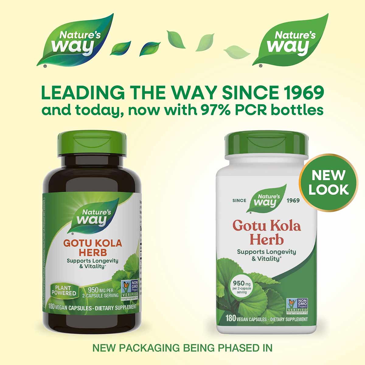 Two bottles of Nature's Way Gotu Kola Herb dietary supplement with green caps, 180 vegan capsules each, 950 mg per serving.
