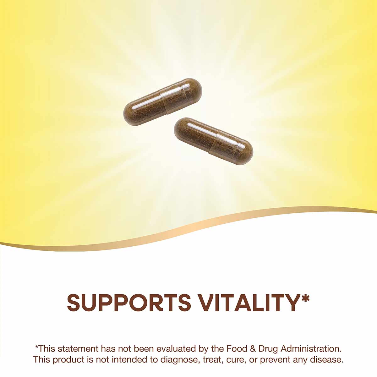 Two brown herbal supplement capsules against a yellow and white background.