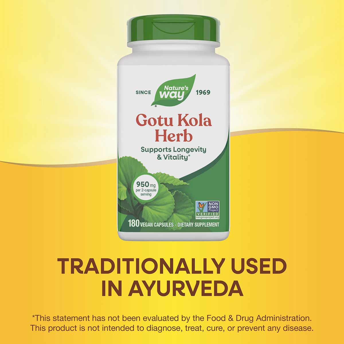 Nature's Way Gotu Kola Herb bottle with green cap containing 180 vegan capsules at 950mg per serving.