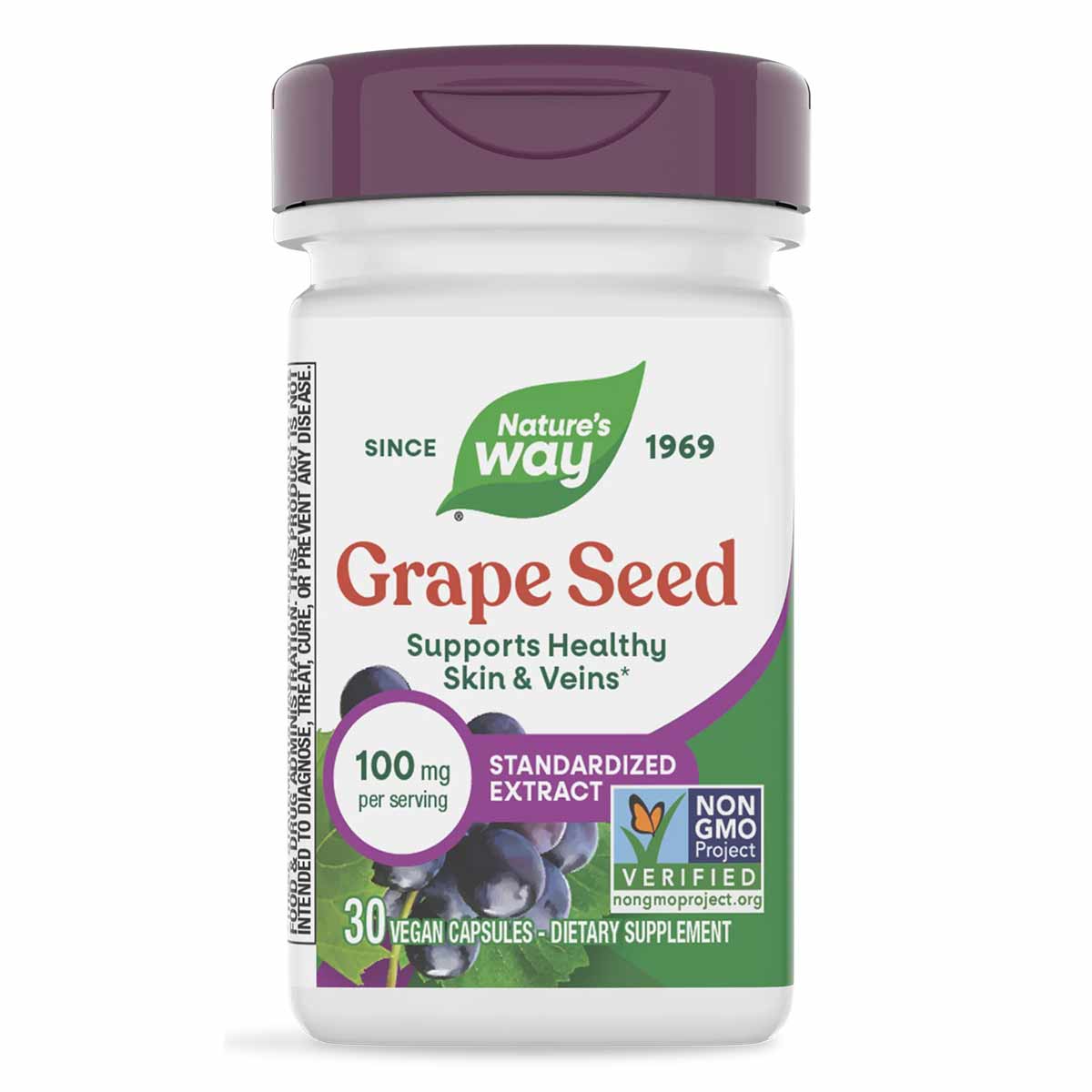 Nature's Way Grape Seed supplement bottle with purple cap containing 30 vegan capsules, 100 mg standardized extract per servi