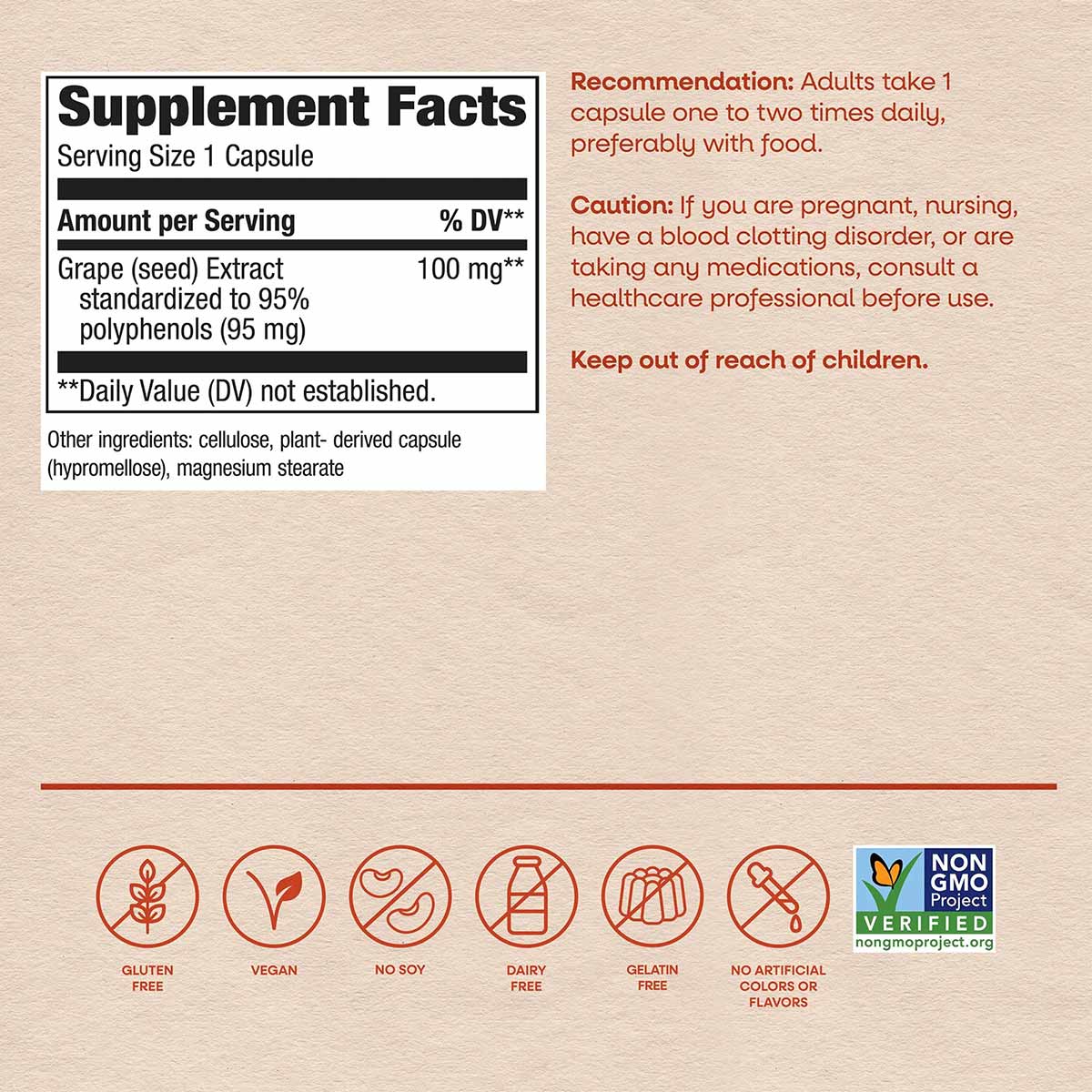 Supplement Facts label for Grape Seed Extract 100mg capsules with usage recommendations and ingredient information visible.