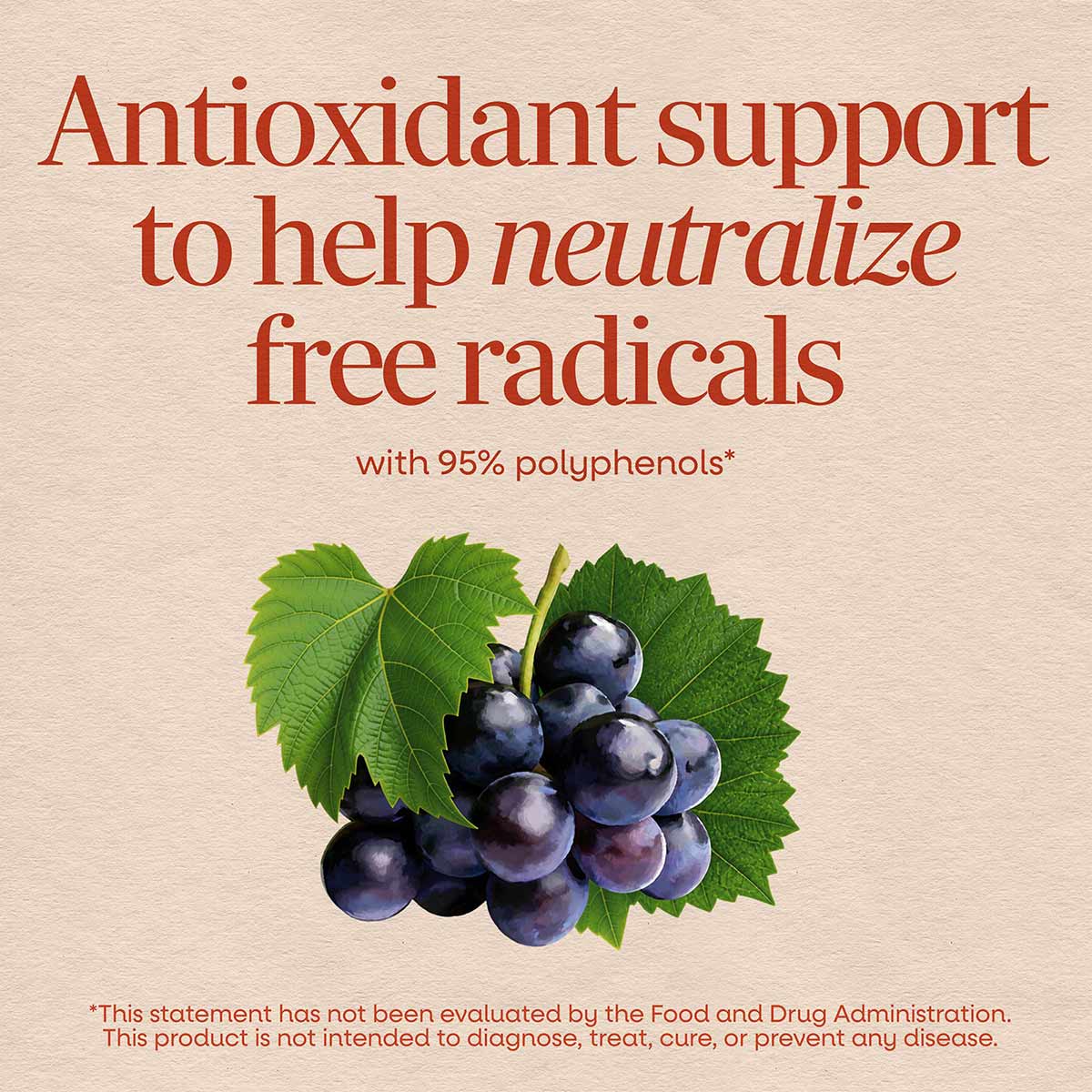 Dark purple grapes with green leaves on beige background with red text describing antioxidant support.