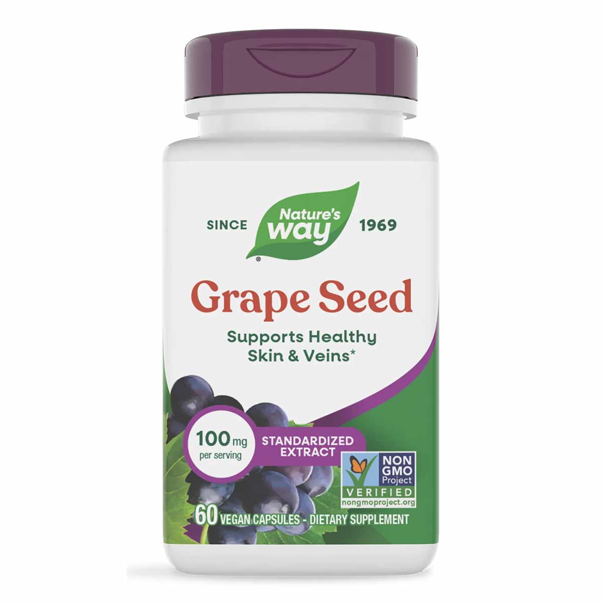White bottle with purple cap containing Nature's Way Grape Seed Extract, 60 vegan capsules, 100 mg per serving.