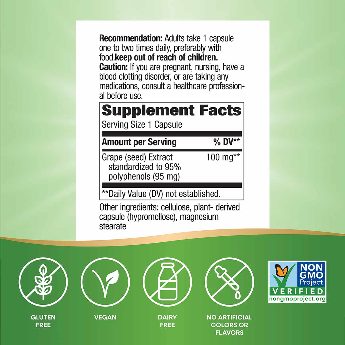 Supplement Facts label for grape seed extract capsules showing 100mg per serving, with ingredient list and certification badg