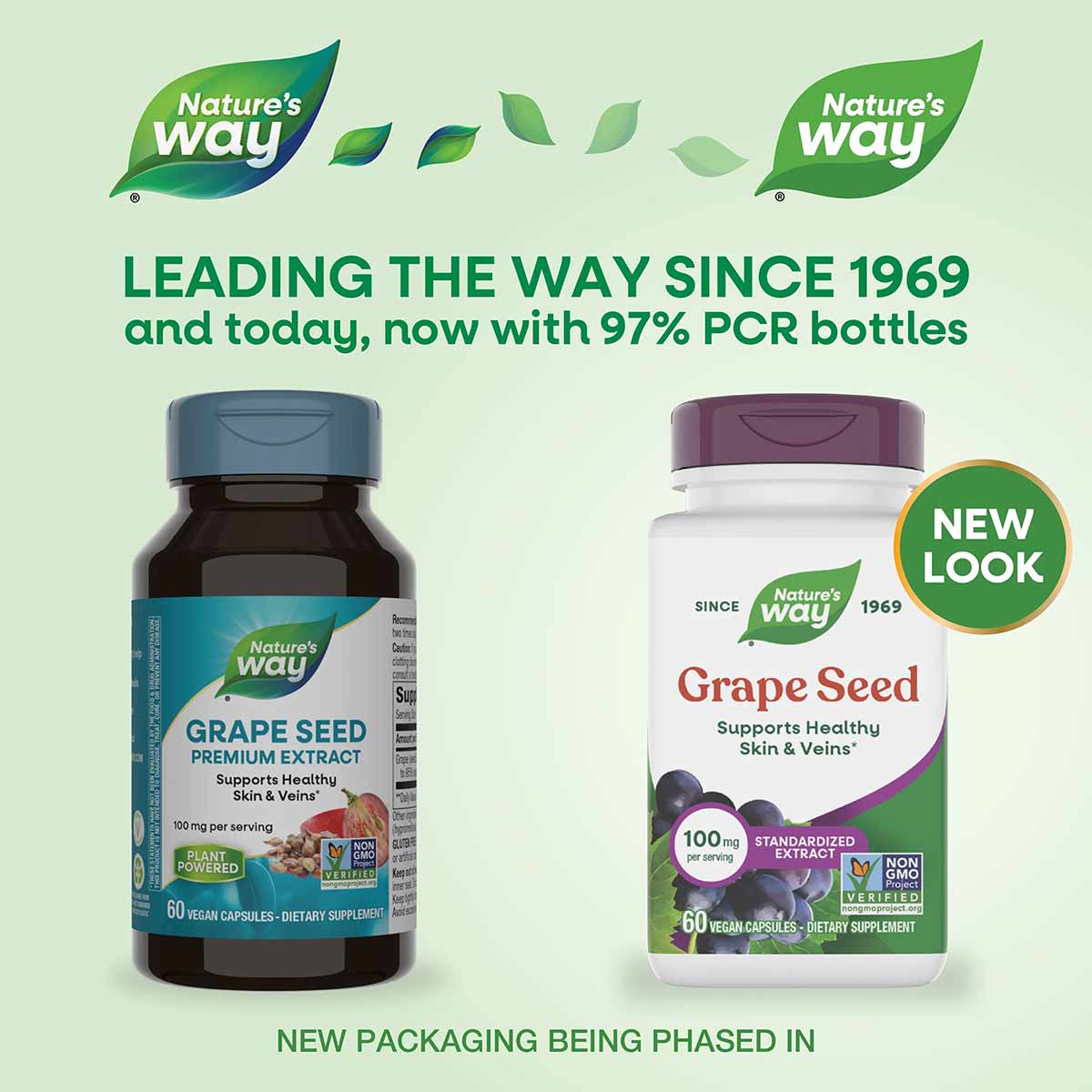 Two Nature's Way Grape Seed Premium Extract bottles with dark blue and white labels, containing 60 vegan capsules each.