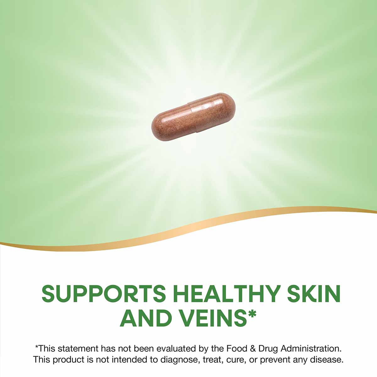Brown capsule supplement against green gradient background with radiating light effect.