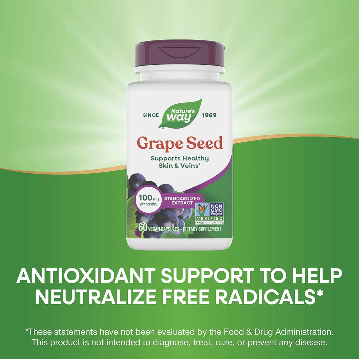 White bottle with purple cap containing Nature's Way Grape Seed Extract, 60 vegan capsules, 100mg standardized extract per se