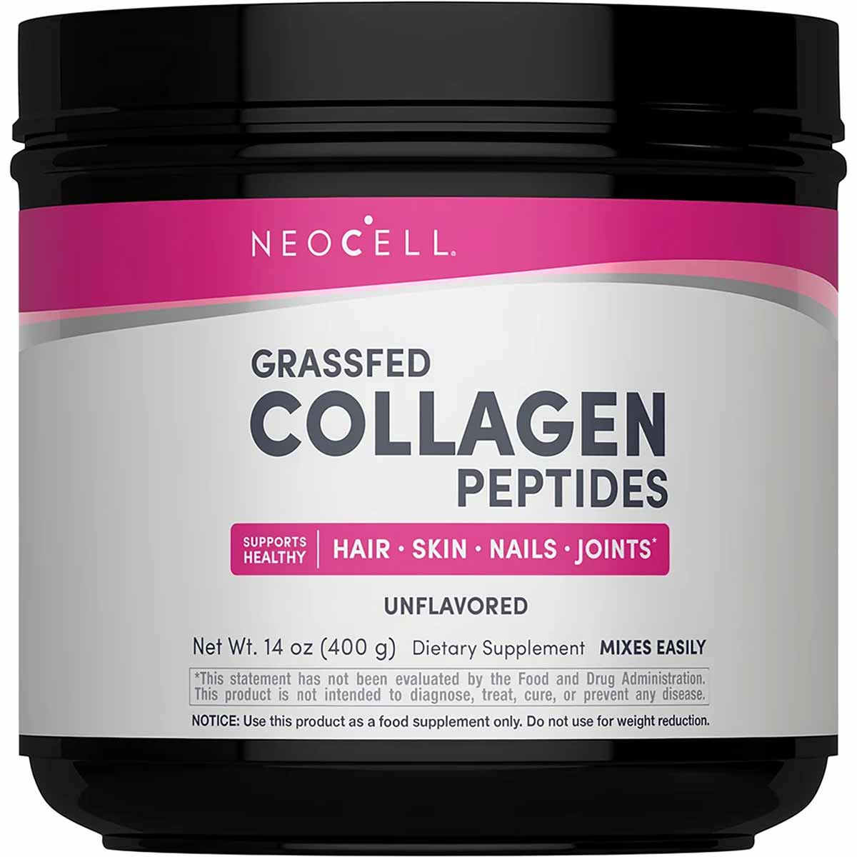 Black container with pink and white label reading "NeoCell Grassfed Collagen Peptides, Unflavored, 14 oz."