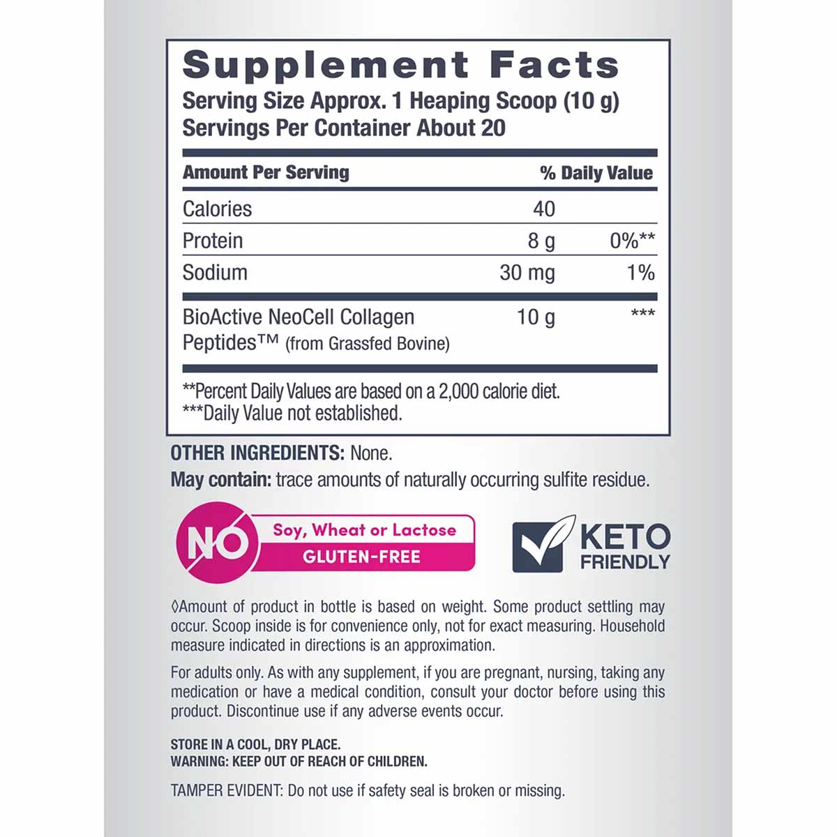 NeoCell collagen peptides supplement facts label showing 10g BioActive NeoCell Collagen Peptides per serving, gluten-free and