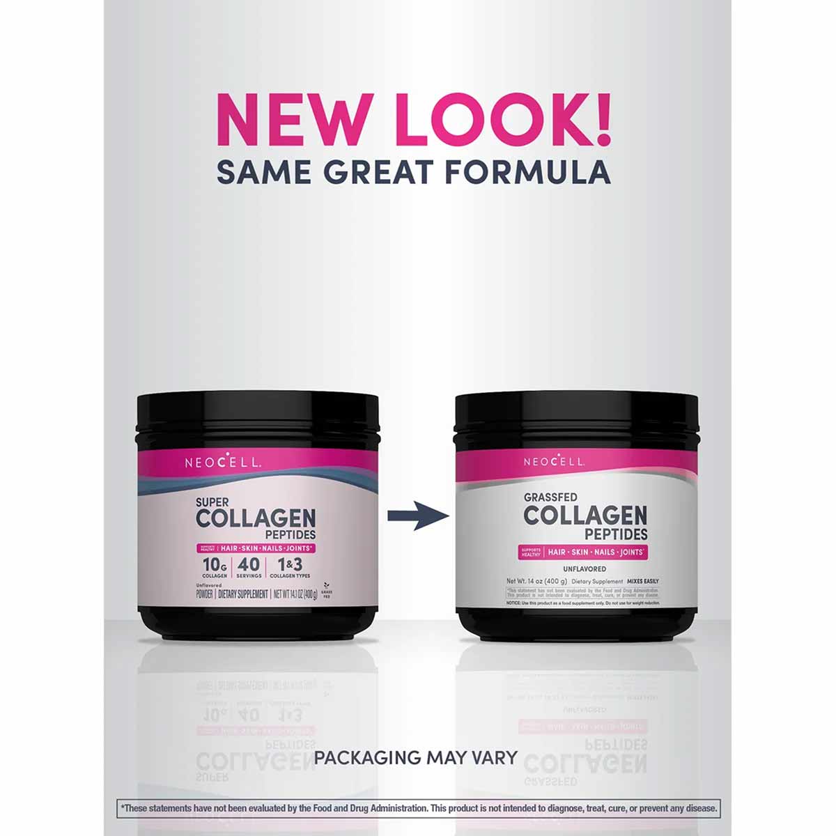 NeoCell Grassfed Collagen Peptides powder in black container with pink label showing old and new packaging design.