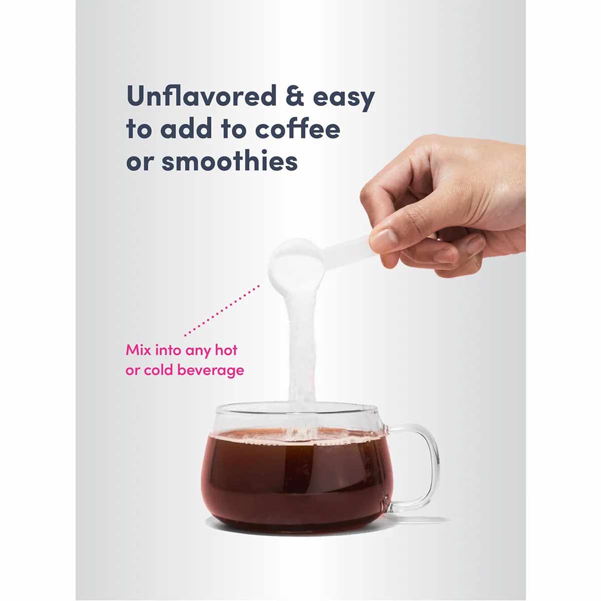 Hand holding white scoop pouring collagen powder into glass mug of dark coffee.