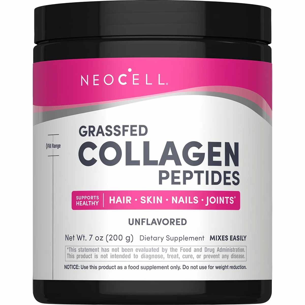 NeoCell Grassfed Collagen Peptides powder in black container with pink and white label, 7 oz size, unflavored.