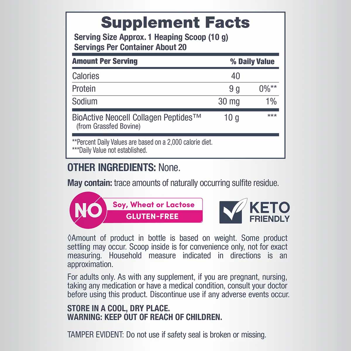 Supplement Facts label for NeoCell Collagen Peptides showing nutrition information, ingredients, and allergen warnings.
