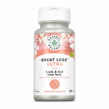 White bottle of Natural Balance Great Legs Ultra dietary supplement with floral pink label and white cap containing 60 vegeta