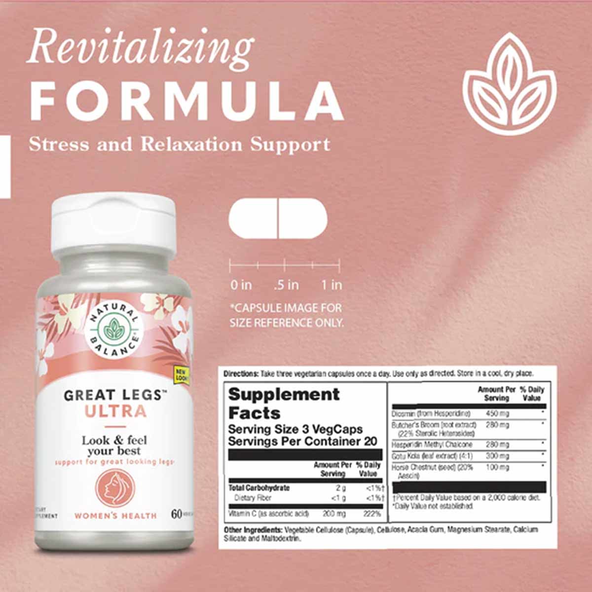 Bottle of Great Legs Ultra dietary supplement with 60 vegetarian capsules, supplement facts label, and capsule size reference
