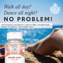 Natural Balance Great Legs Ultra bottle with white cap on beach background, showing product label and leg imagery.