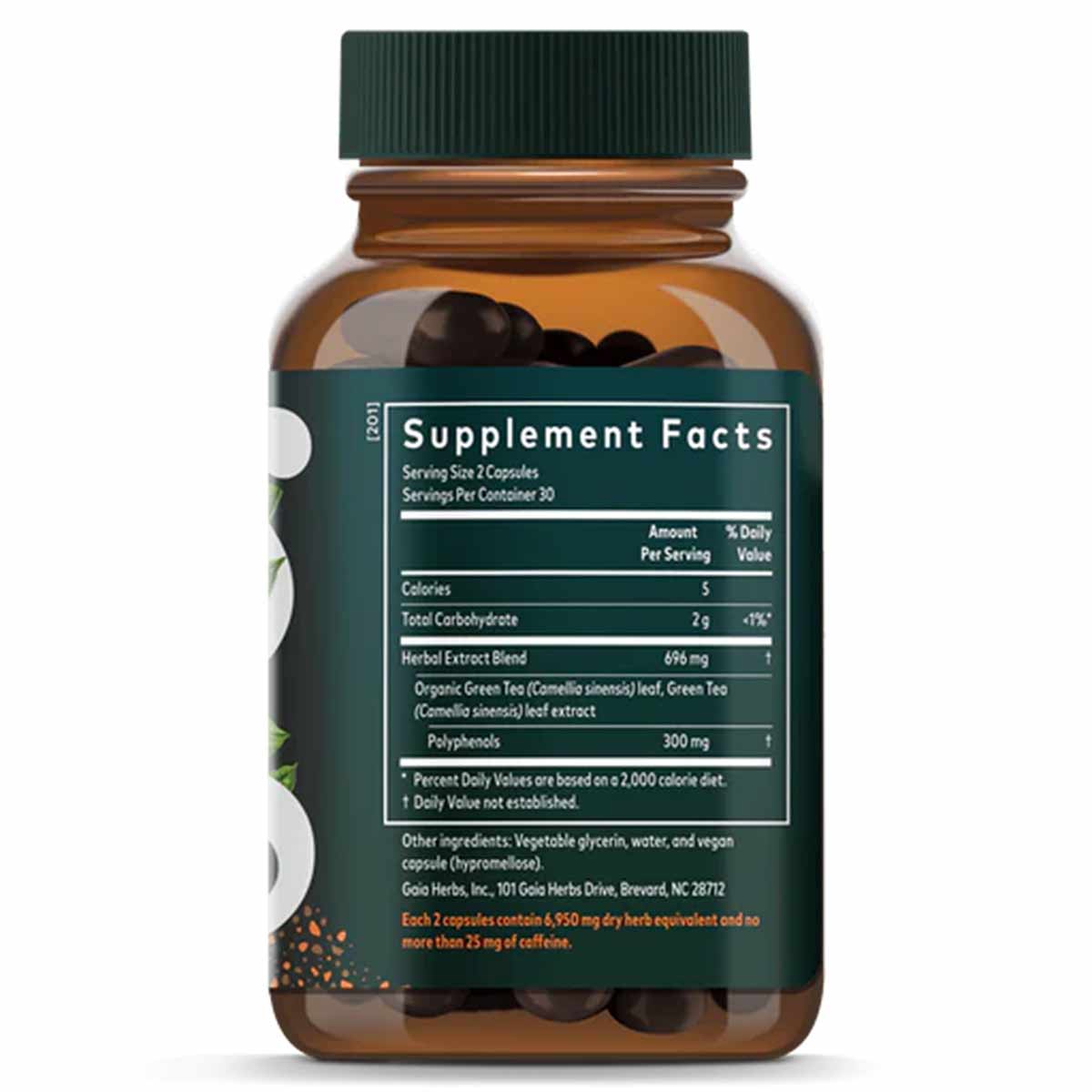 Amber glass bottle with green cap containing dark capsules, label showing Supplement Facts for Green Tea extract by Gaia Herb