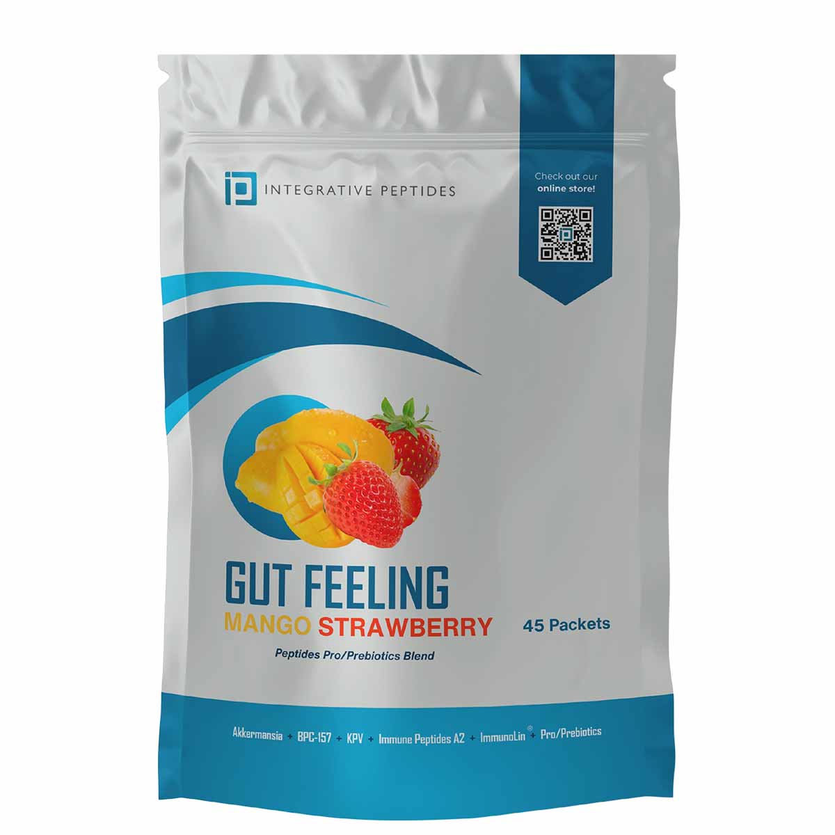 White and blue resealable pouch of Gut Feeling Mango Strawberry travel sachets by Integrative Peptides, 45 packets.