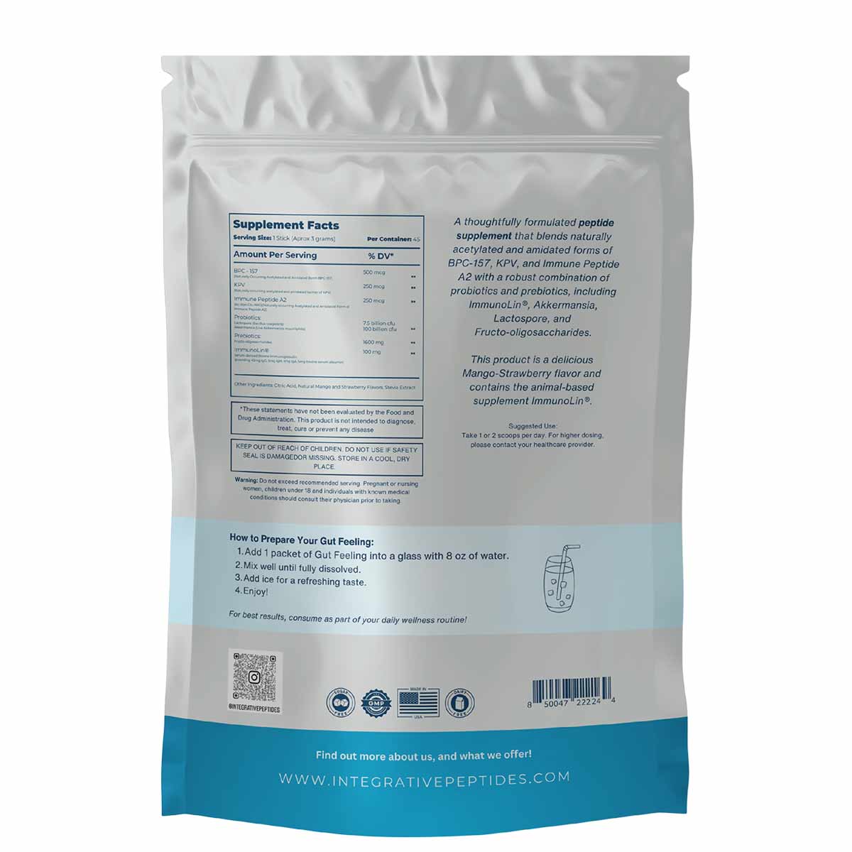 White and blue sachet packet displaying supplement facts, preparation instructions, and product description for Gut Feeling T