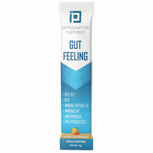 Single-serving Gut Feeling sachet with Integrative Peptides branding, mango strawberry flavor, 3g net weight.