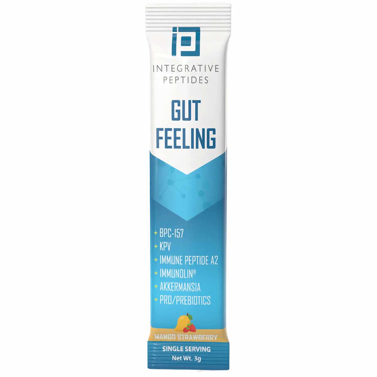 Single-serving Gut Feeling sachet with Integrative Peptides branding, mango strawberry flavor, 3g net weight.