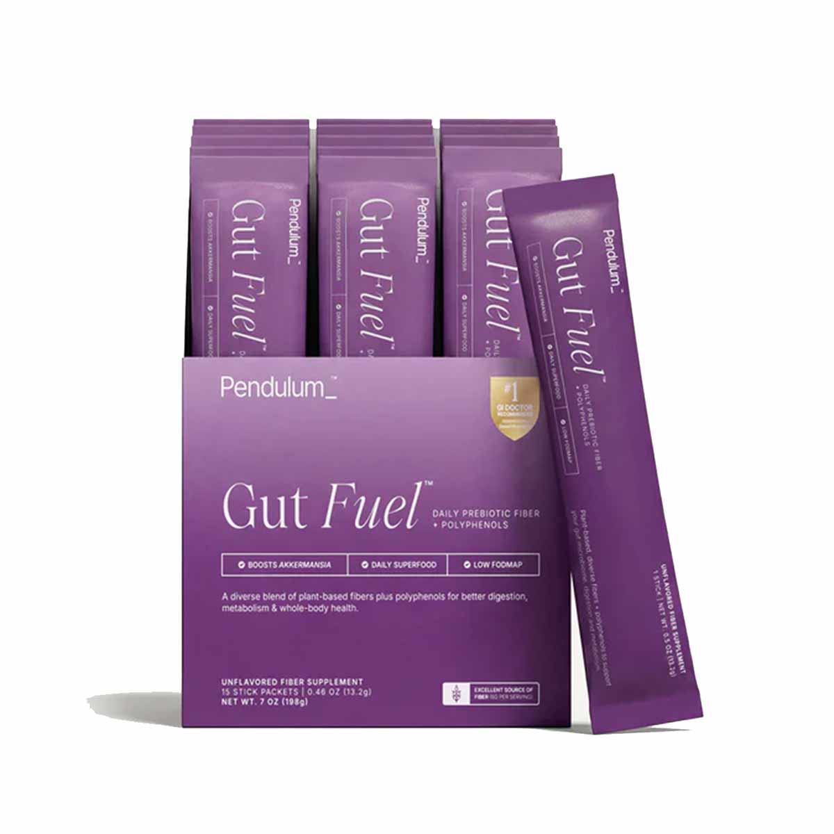Purple Pendulum Gut Fuel packets displayed in open box with individual sachets arranged behind.
