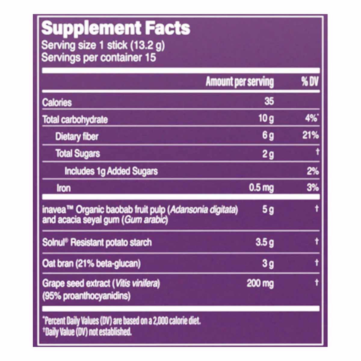 Supplement Facts label for Gut Fuel On-The-Go packets showing serving size, nutritional information, and ingredient details o