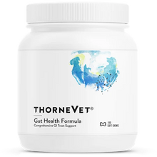 White plastic container with white ribbed lid labeled "ThorneVet Gut Health Formula Comprehensive GI Tract Support" and blue 