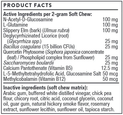 Thorne Vet gut health soft chews with active ingredients including glucosamine, glutamine, and probiotics listed on product f