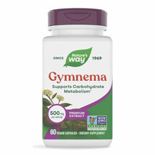 White bottle with purple cap containing Nature's Way Gymnema Premium Extract 500mg, 60 vegan capsules.