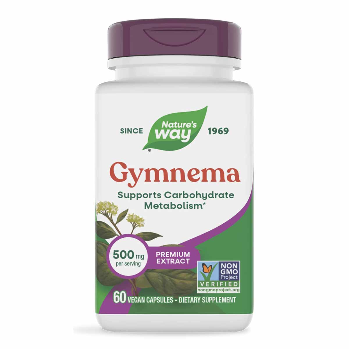 White bottle with purple cap containing Nature's Way Gymnema Premium Extract 500mg, 60 vegan capsules.