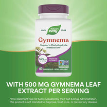 Nature's Way Gymnema Premium Extract bottle with purple cap containing 60 vegan capsules at 500 mg per serving.