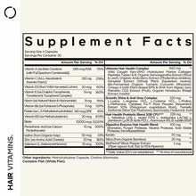 Supplement Facts label for Codeage Hair Vitamins showing ingredients, serving size of 4 capsules, and nutritional information
