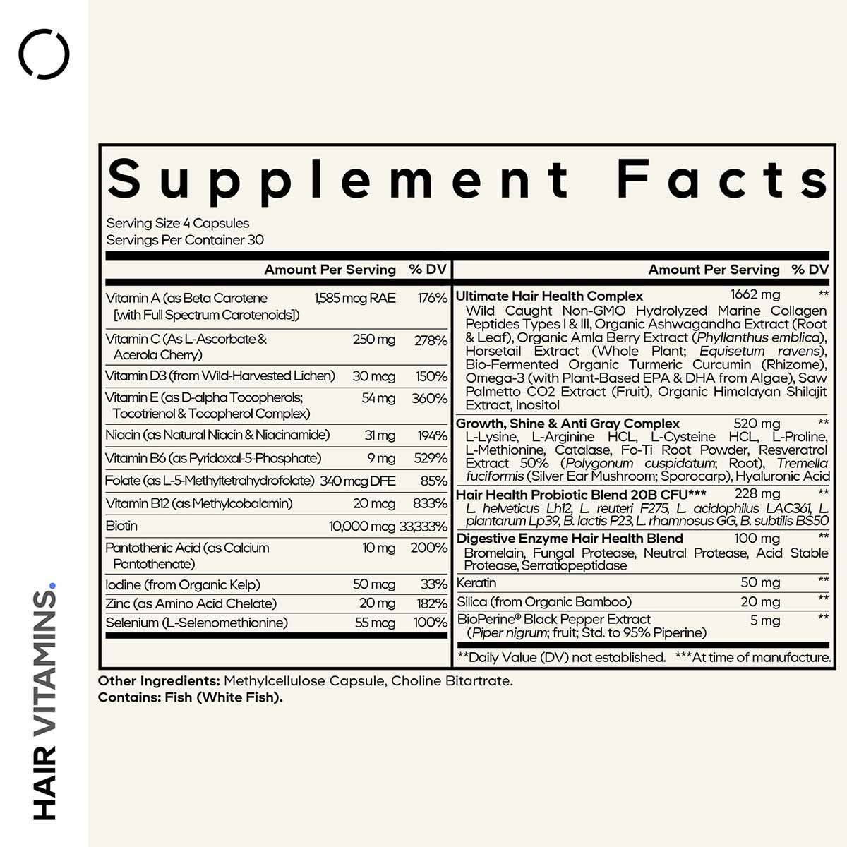 Supplement Facts label for Codeage Hair Vitamins showing ingredients, serving size of 4 capsules, and nutritional information