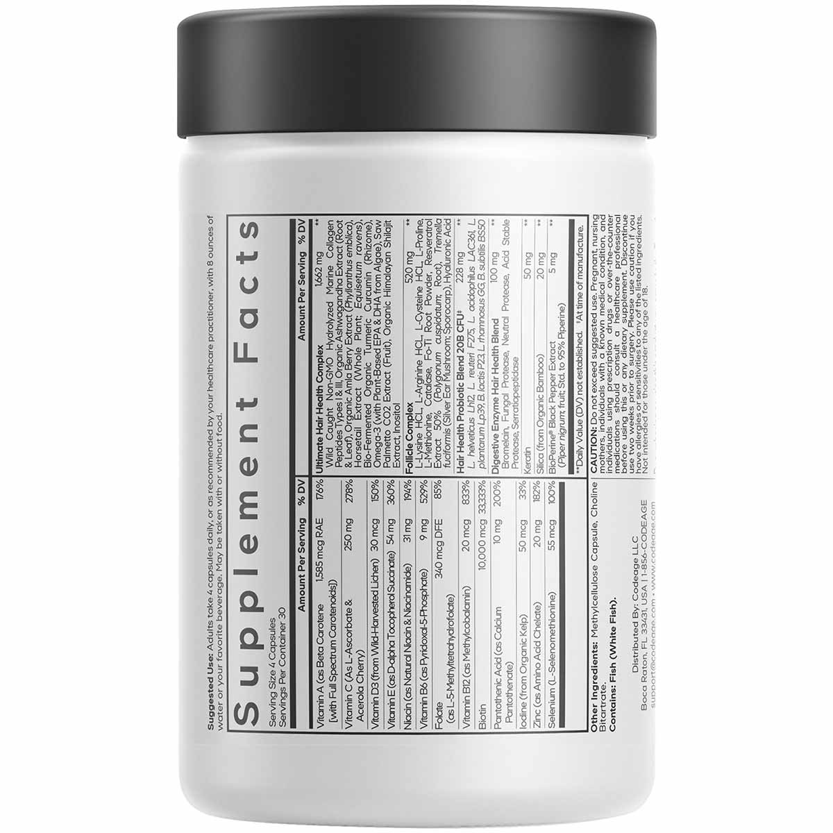 White jar with black lid showing supplement facts label for hair vitamins by Codeage.