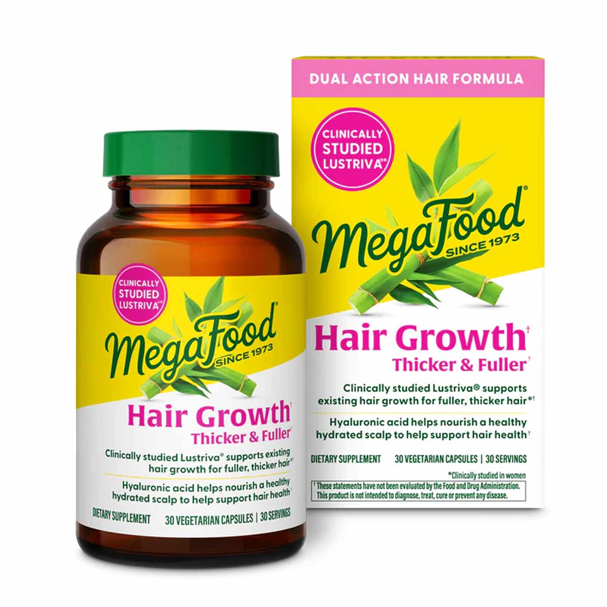 Megafood Hair Growth supplement bottle with green cap and yellow label next to product box.