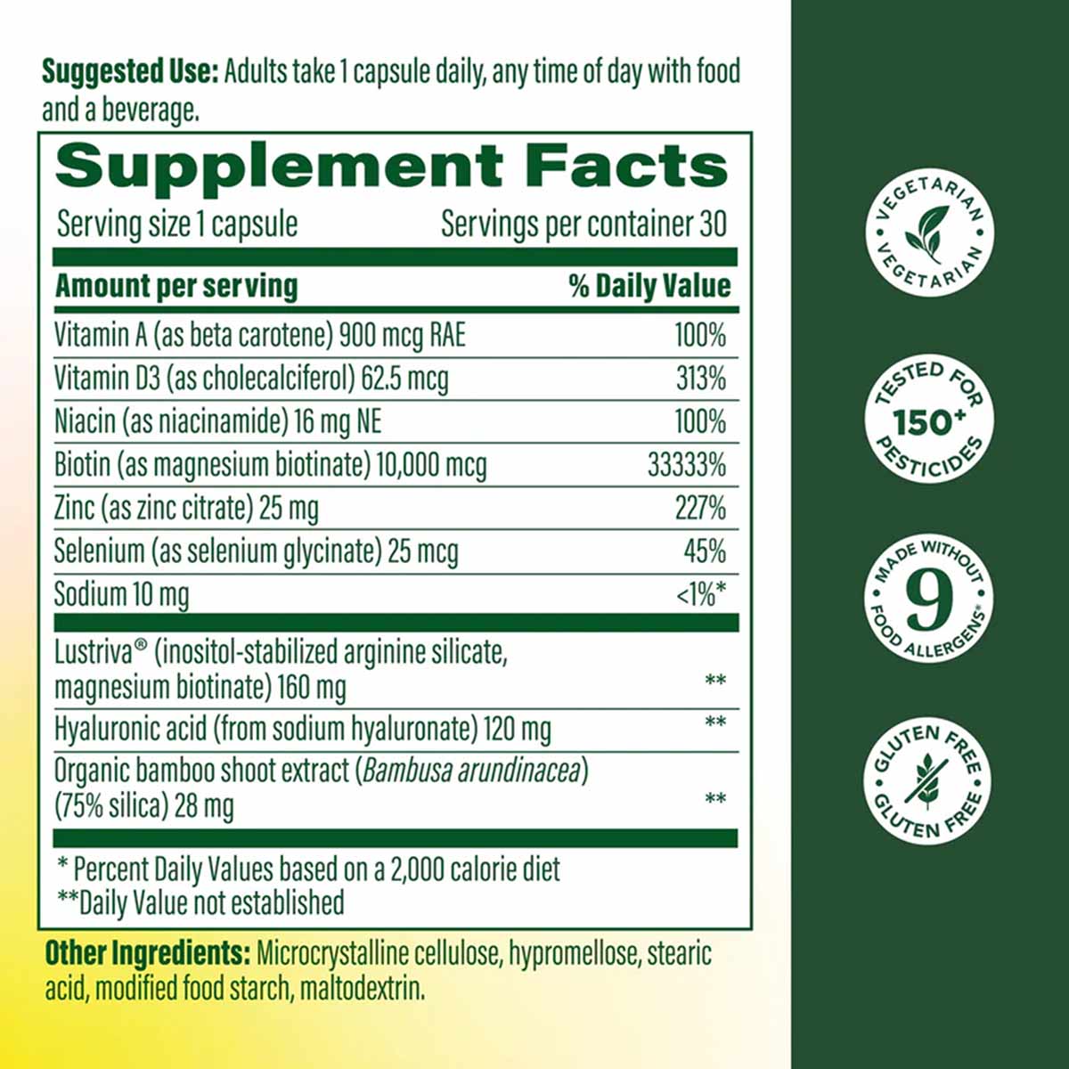 Supplement Facts label for Hair Growth capsules listing vitamins, minerals, and botanical ingredients with daily serving info