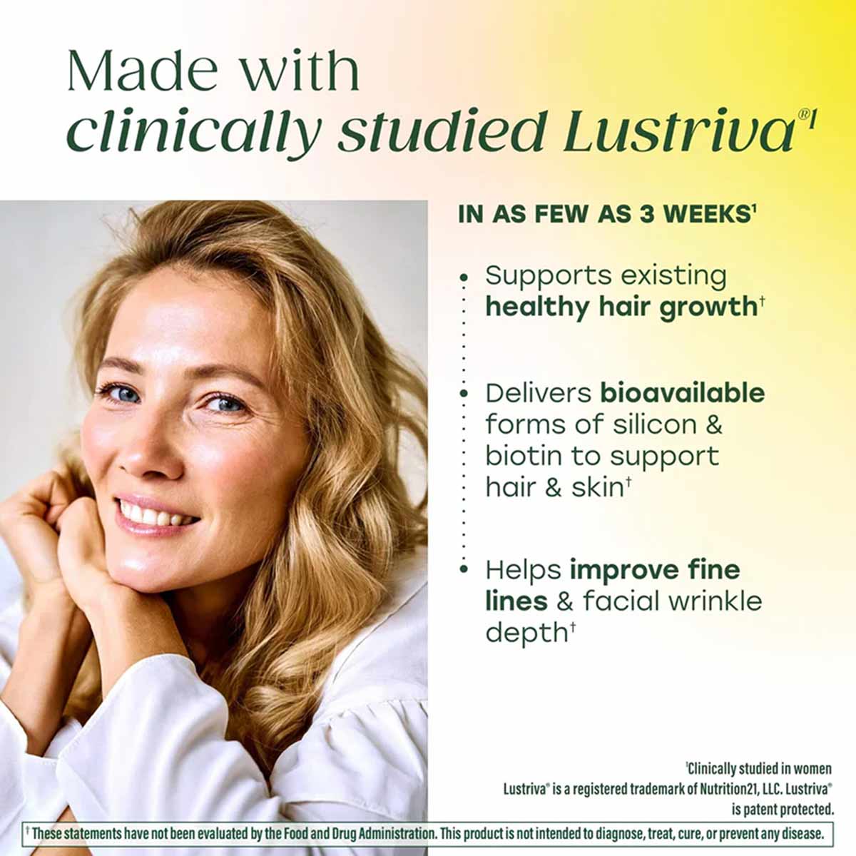 Woman with wavy blonde hair smiling, wearing white shirt, with product benefits text and yellow background.