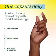 Hand holding a single white capsule with text describing dosage of 30 capsules, 30 servings, 0.92 inch length.