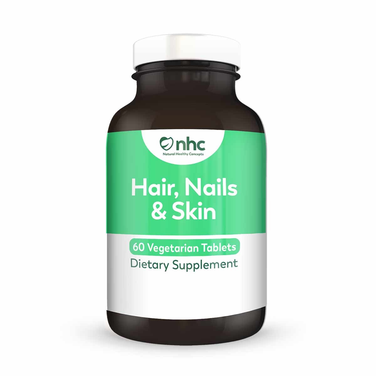Dark glass bottle with green and white label reading "Hair, Nails & Skin, 60 Vegetarian Tablets, Dietary Supplement" by nhc.