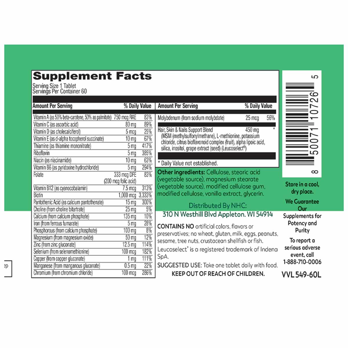 Supplement Facts label for Hair, Nails & Skin tablet showing vitamins, minerals, and herbal blend ingredients with daily valu
