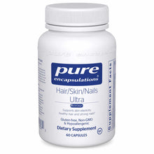 White bottle of Pure Encapsulations Hair/Skin/Nails Ultra dietary supplement containing 60 capsules.