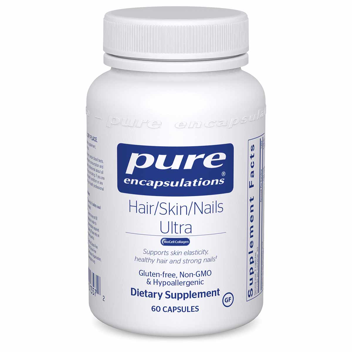 White bottle of Pure Encapsulations Hair/Skin/Nails Ultra dietary supplement containing 60 capsules.