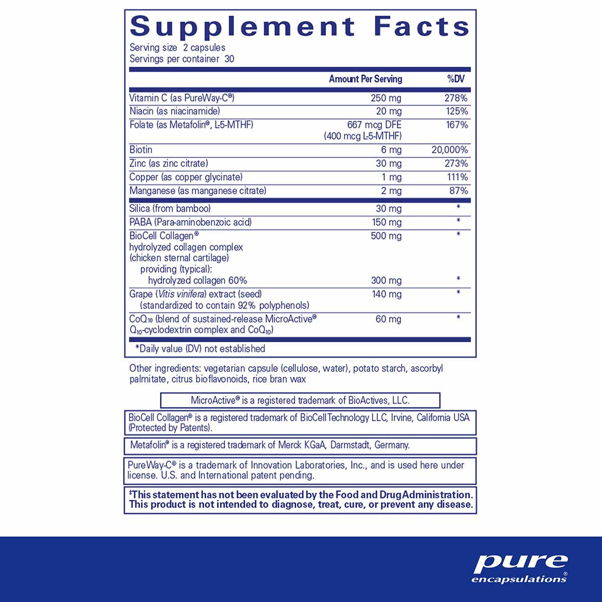 Supplement Facts label for Hair/Skin/Nails Ultra showing ingredients including vitamins, minerals, biotin, collagen, and bota