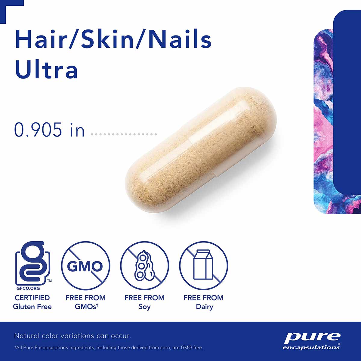 Beige capsule supplement with product name and certification badges for gluten-free, GMO-free, soy-free, and dairy-free on wh